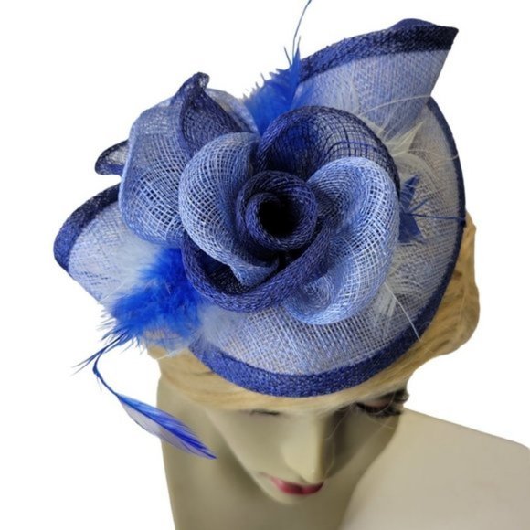 Blue Sinamay Comb Fascinator With Sinamay Rosettes and Blue White Feathers - Picture 6 of 10